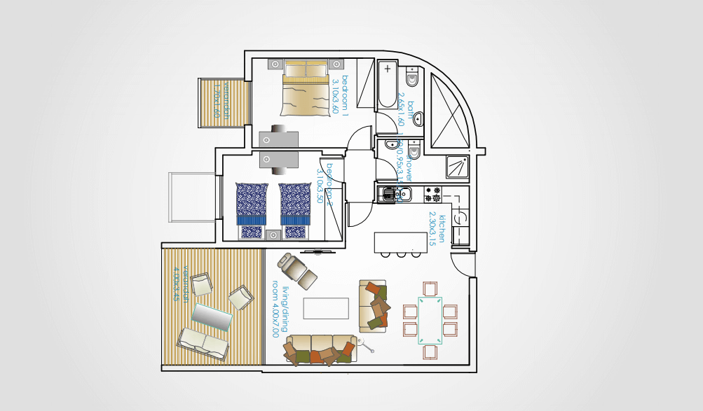 Bản vẽ thiết kế căn 2 phòng ngủ trong dự án Oasis Park